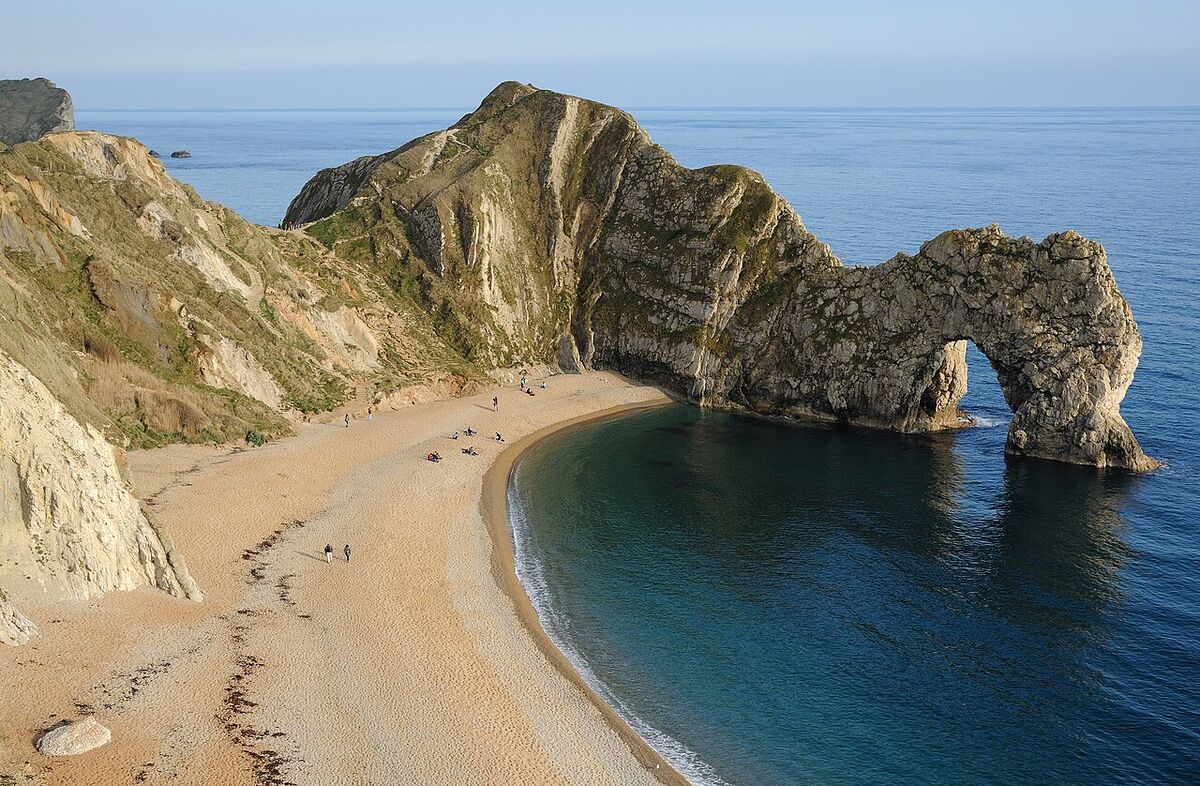 Durdle Door sea arch and beach in Dorset, England
